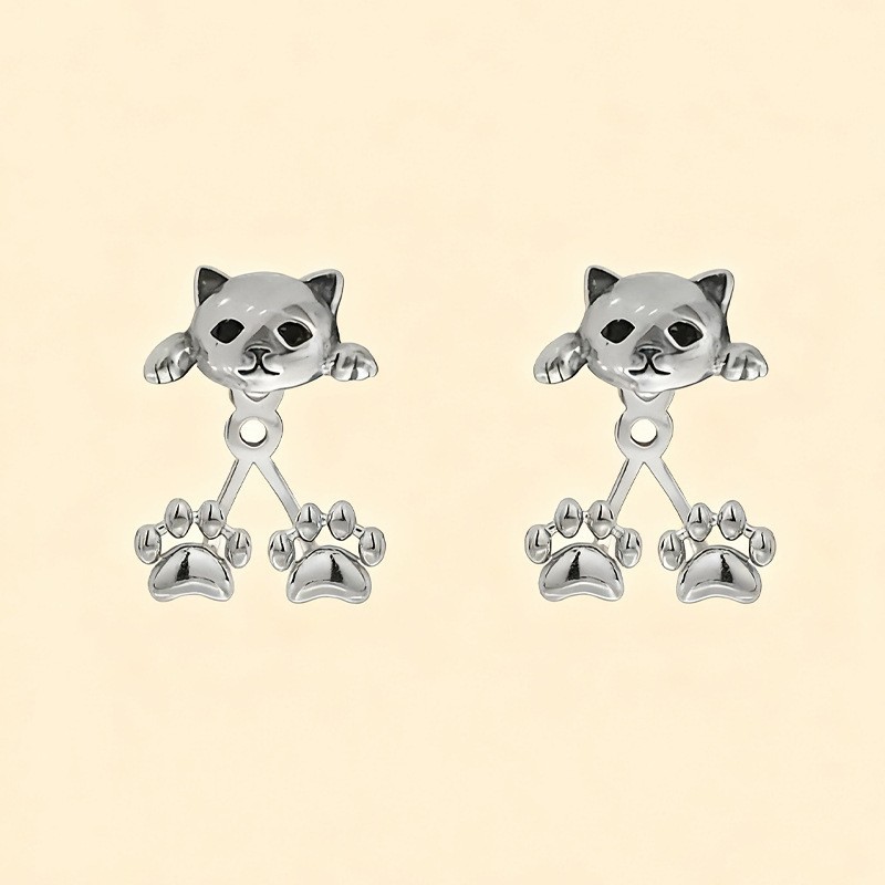 1pair Vintage Cat Paw Stud Earrings Back Hanging Silver Animal Jewelry Gift