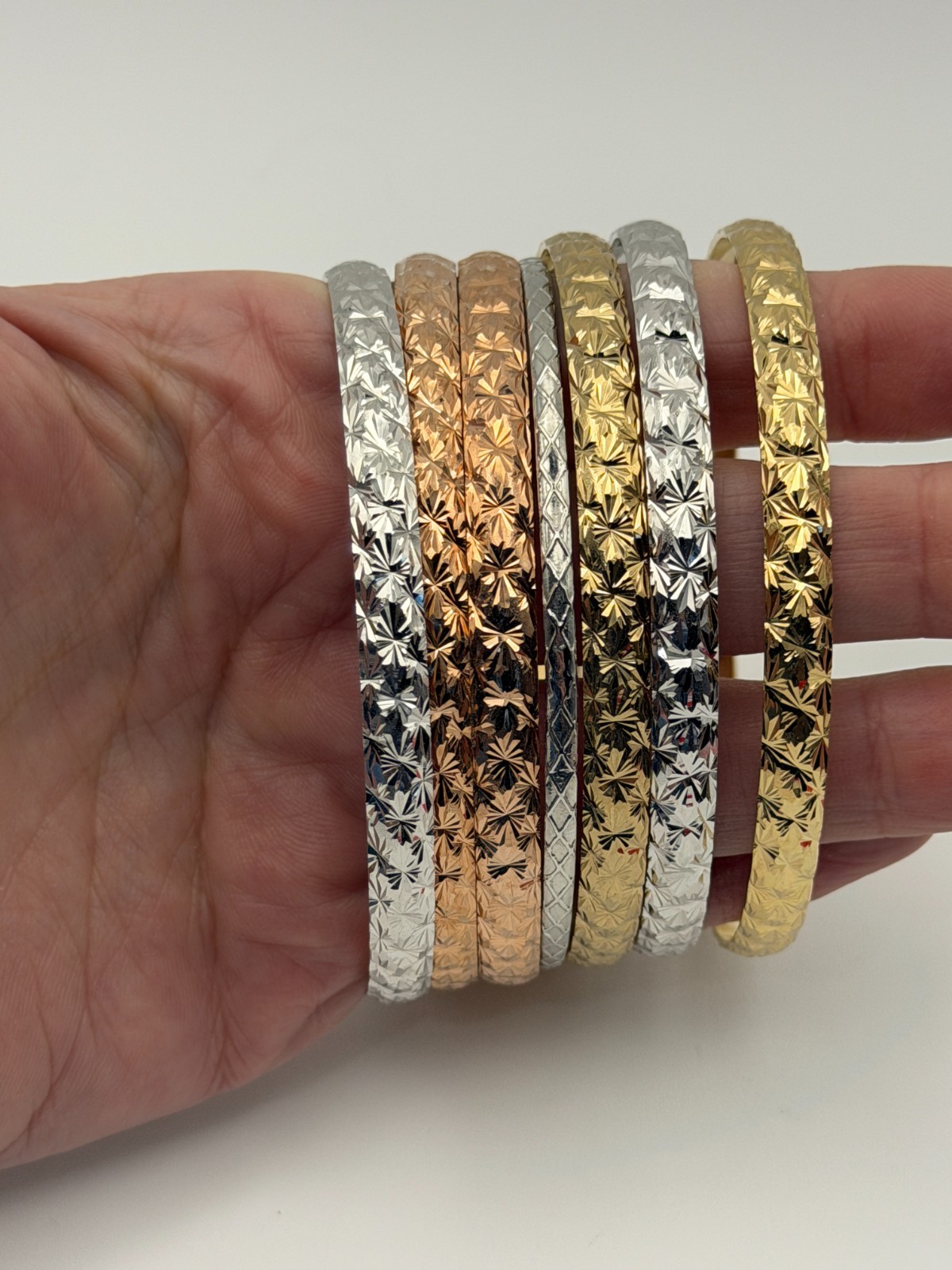 Diamond Cut Gold Tone Bangle Bracelets Set Mixed Metal Statement Stack Lot