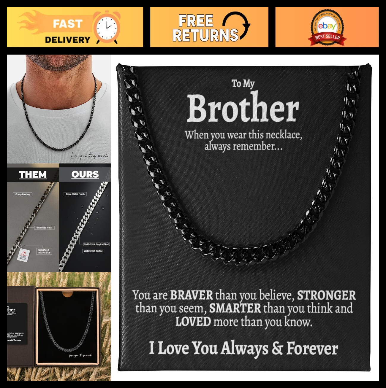 Brother Necklace – 316L Surgical Steel 7mm Cuban Chain – Perfect Birthday Gift