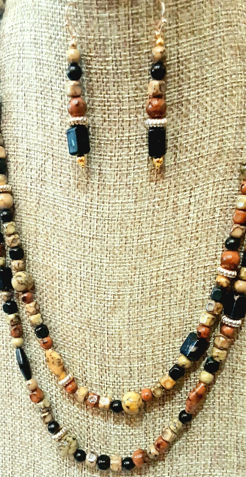 STELLA and DOT 🧿 Stunning 2 Strand Brown Tones 11″L Necklace + 2″L Earrings Ap5