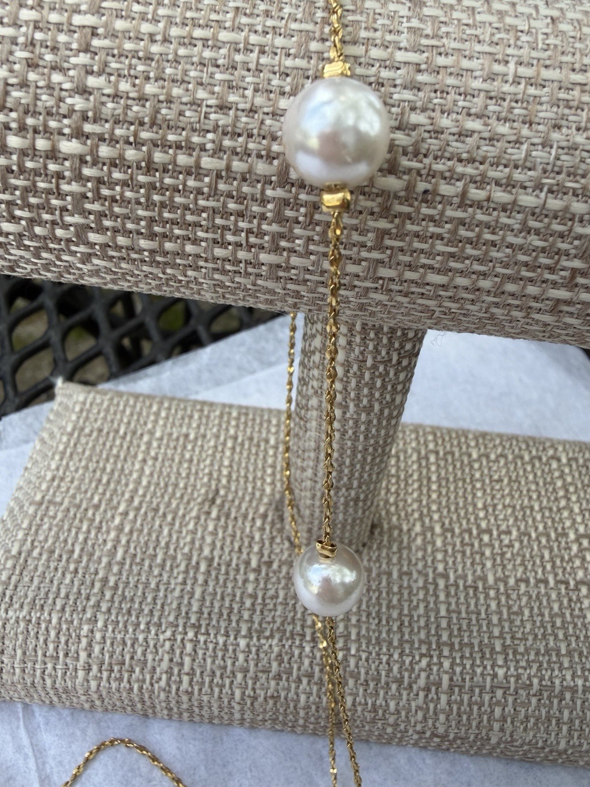Premier Designs Gold Tone Station Chain Necklace, White Faux Pearls, Signed