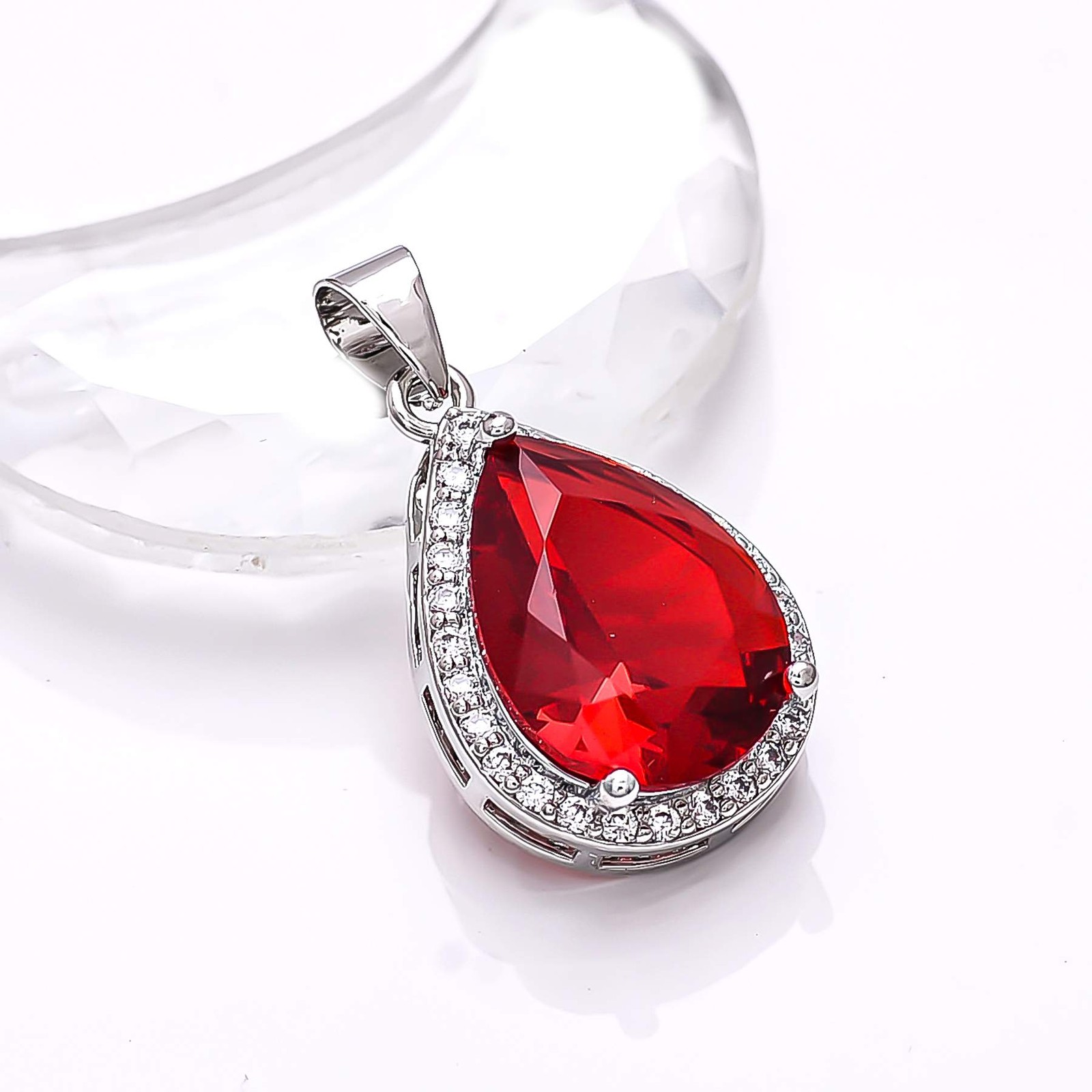 Red Garnet & Cubic Zirconia Gemstone 925 Sterling Silver Pendant 1.10″ P8014