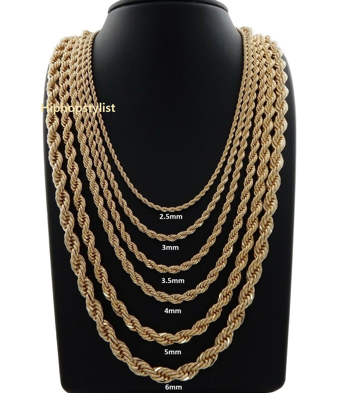 Hip Hop Rope Chain Necklace 16″ 18″ 20″ 22″ 24″ 26″ 30″ inch 14K Gold Plated..