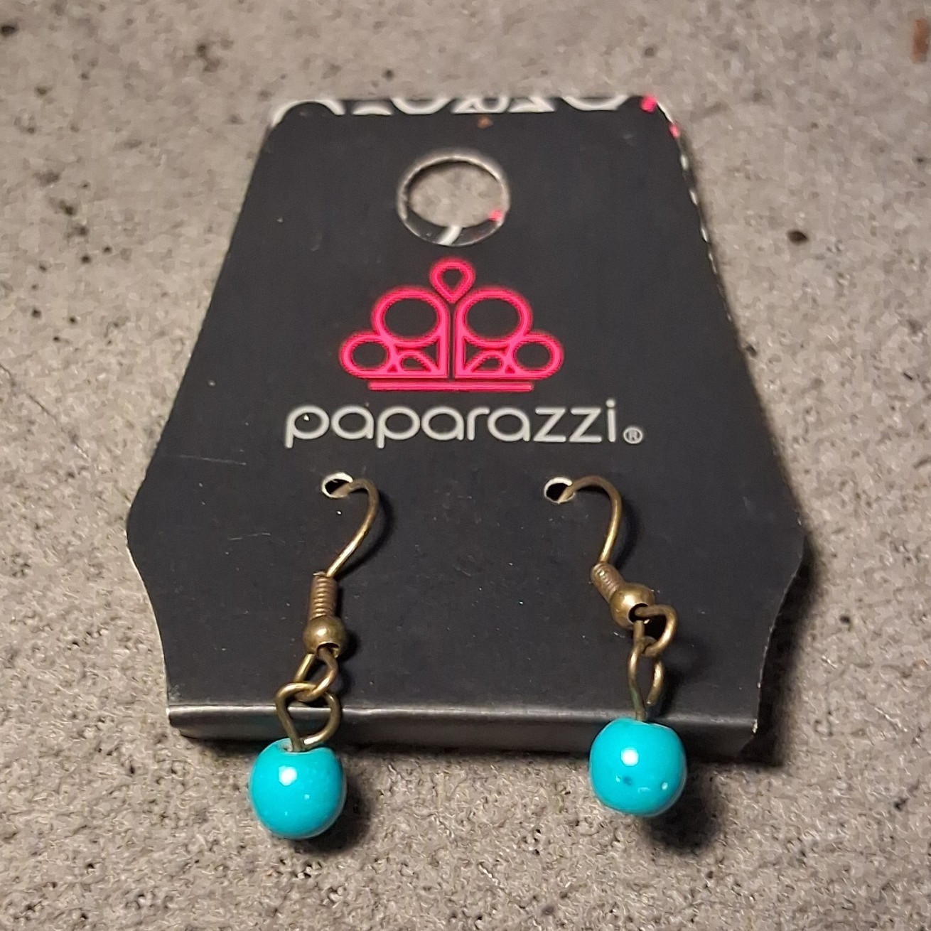 Paparazzi Turquoise Round Beaded Dangle/Drop Hook Earrings in Bronze Metal