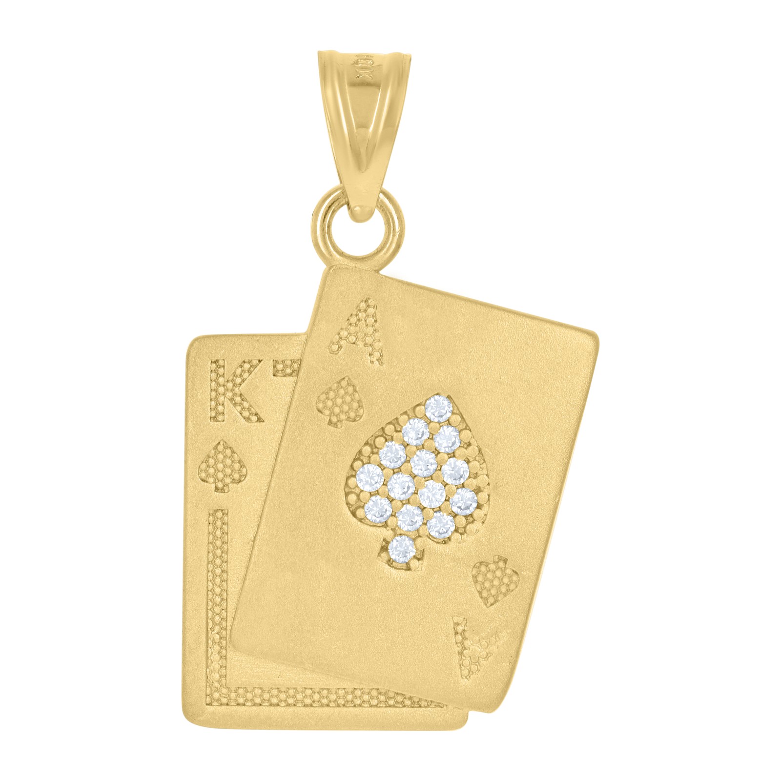 10K Yellow Gold CZ Men’s 1.35″ Satin Poker Charm Ace & King of Spades Pendant