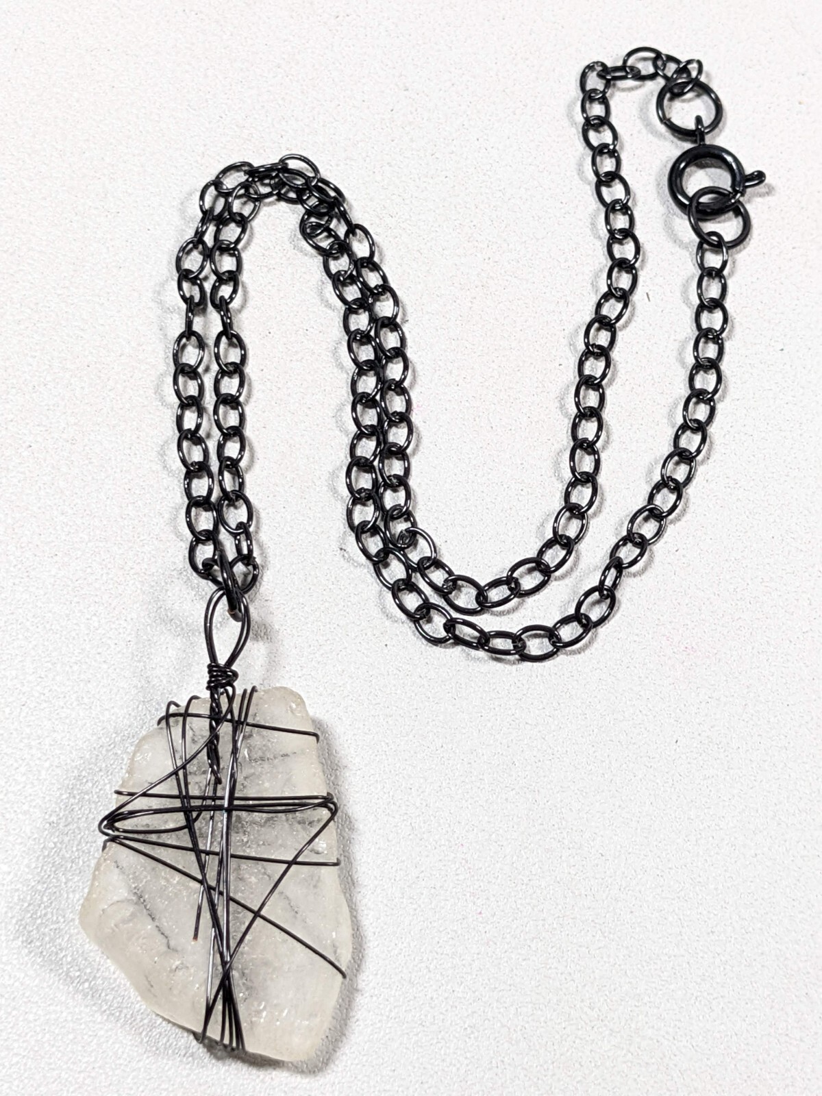 Black Metallic Wire Wrapped Clear Glass Pendant Necklace 16 inch