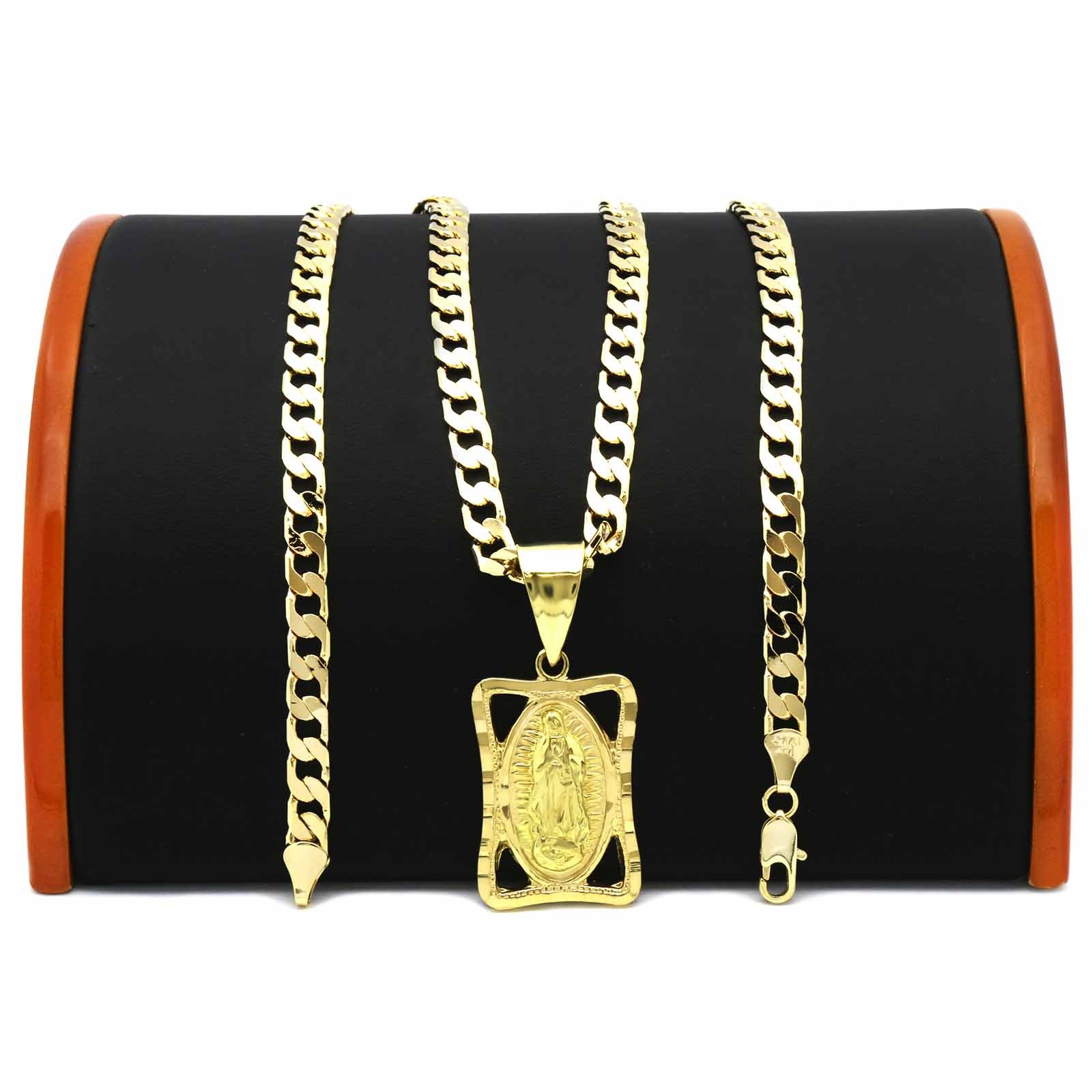 Mens 18k Gold Plated Virgin Guadalupe 5mm 24″Flat Cuban Necklace Chain (H)