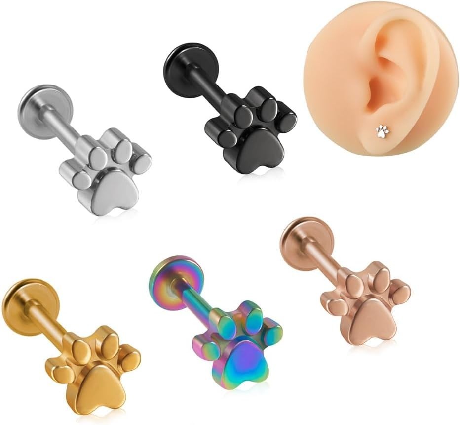 2Pcs 16G Stainless Steel Paw Cartilage Stud Earrings for Women Paw Print Flat…