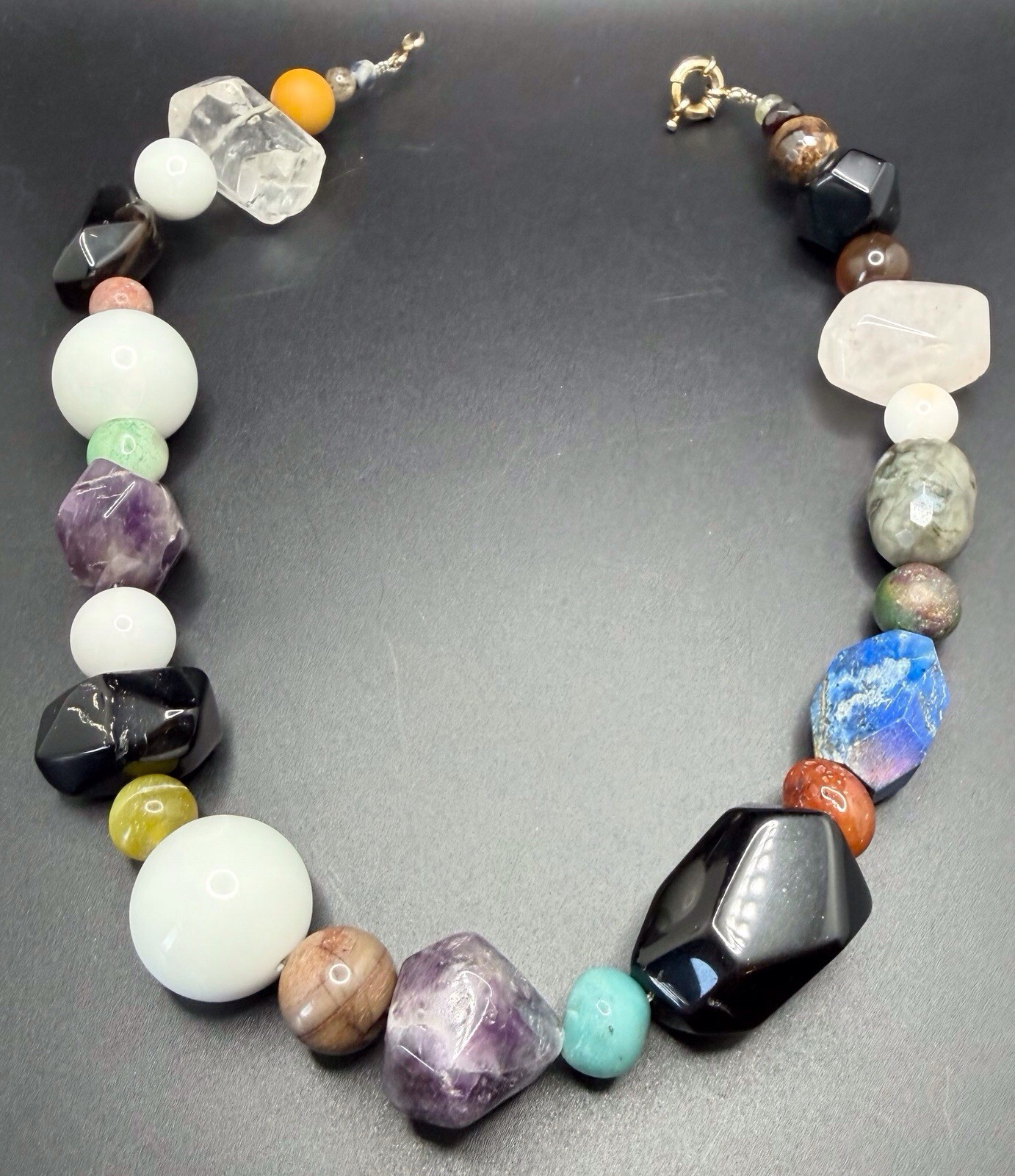 Multicolor Natural Beads Variety Of Stones Chunky Statement Necklace 17.5”