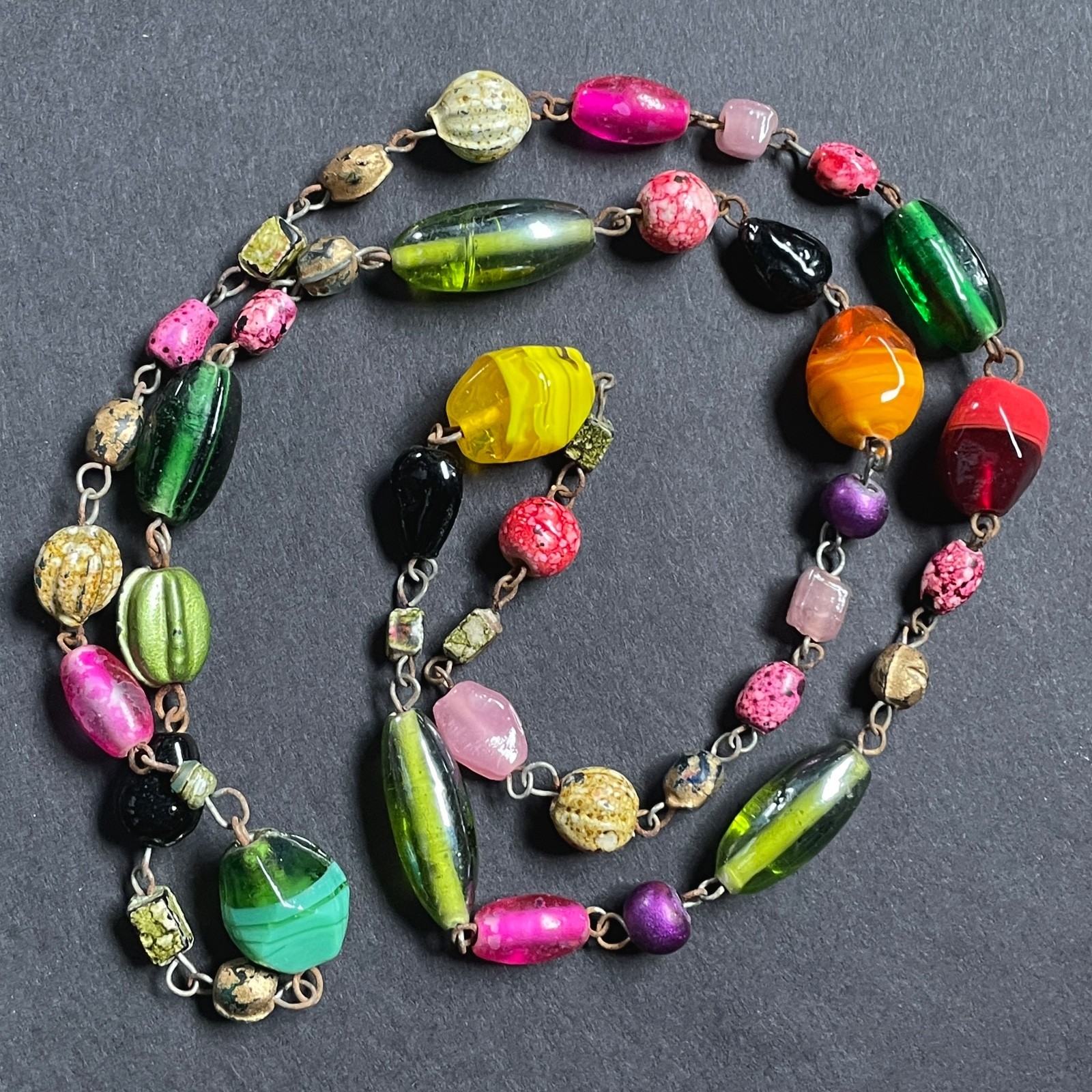 26″ Multi Color Hand Blown Beads w Bronze Links Pink Turquoise Yellow Necklace