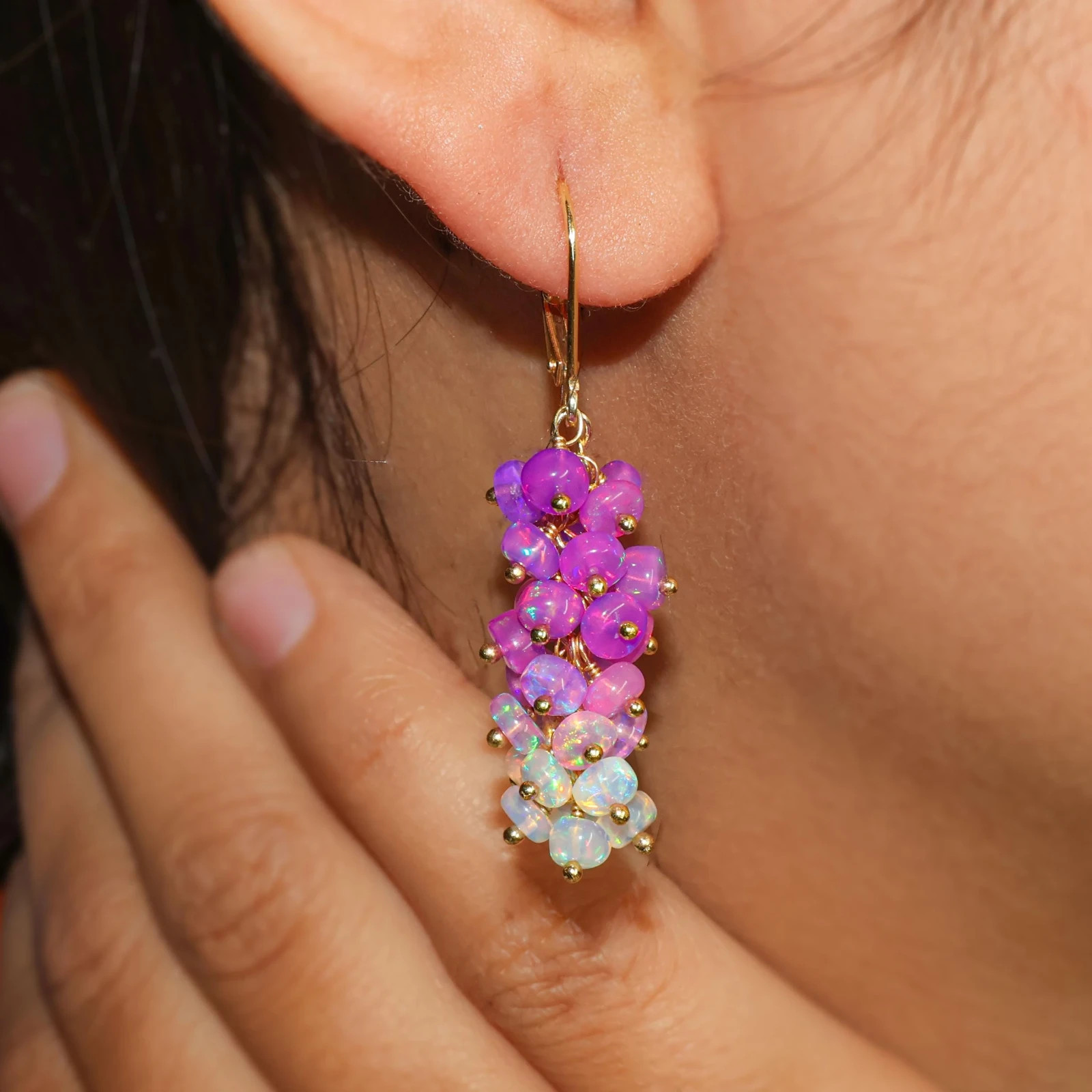 Fire Purple Opal Beads Cluster Earring, Genuine Opal Beaded Earring, Opal Dangle