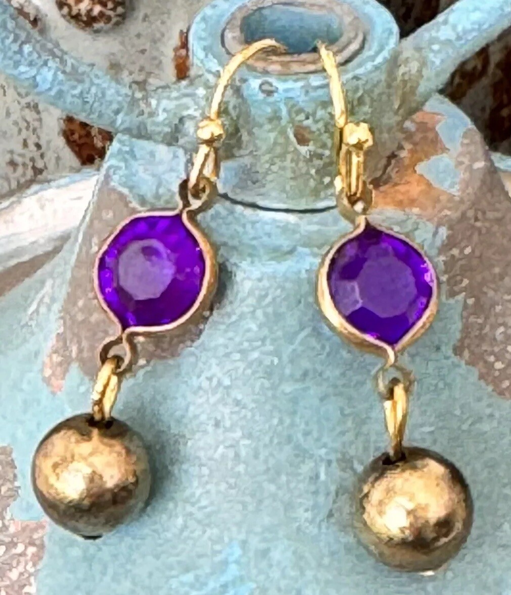 Vintage Purple with Bronze Bead Dangle Earrings. Light Weight and Vibrant