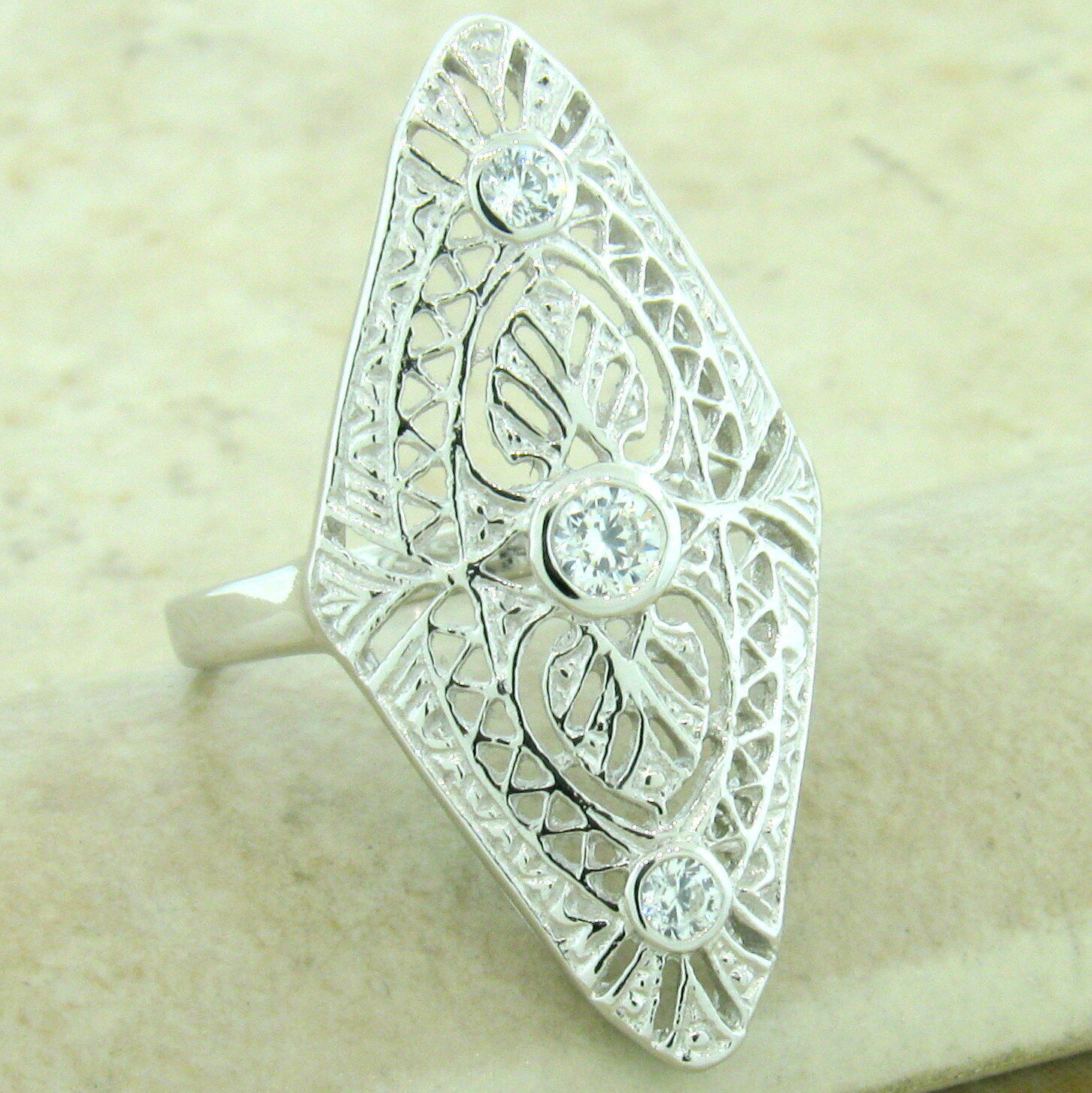 ART DECO DESIGN 925 STERLING SILVER RHODIUM FINISH CLASSIC STYLE CZ RING #1163