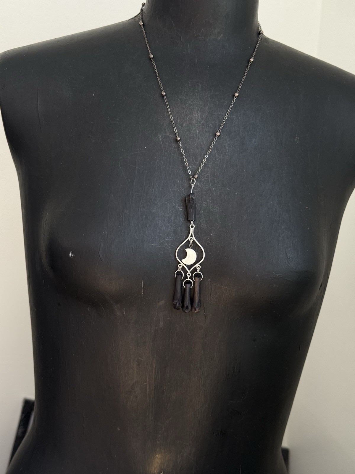 Abalone moon coyote bone necklace pendant oddities jewelry boho layering
