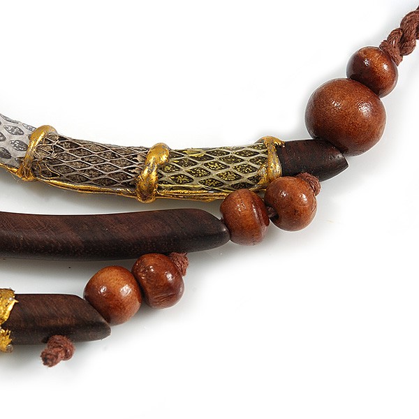 Statement Layered Wooden Bar with Leather Detailing Cotton Cord Necklace