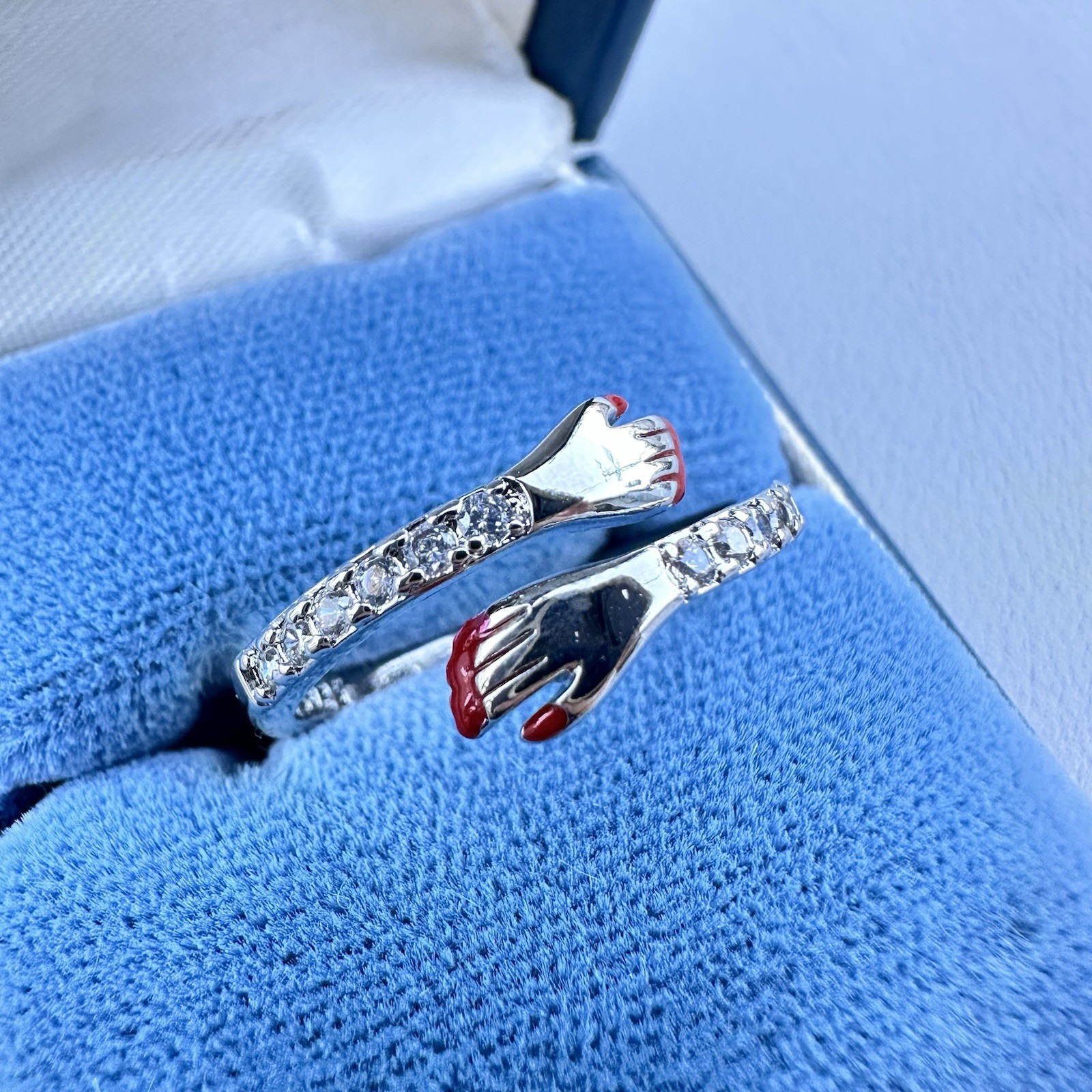 Hand Hugging Silver Hug Ring Red Nails Manicure Fingernails Size 8 9 Adjustable