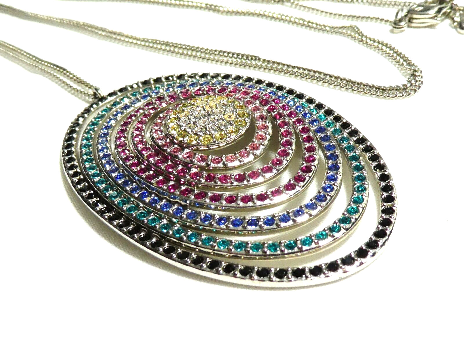 Swarovski Palladium Plated Large Oval Rainbow Crystal Studded Pendant NECKLACE