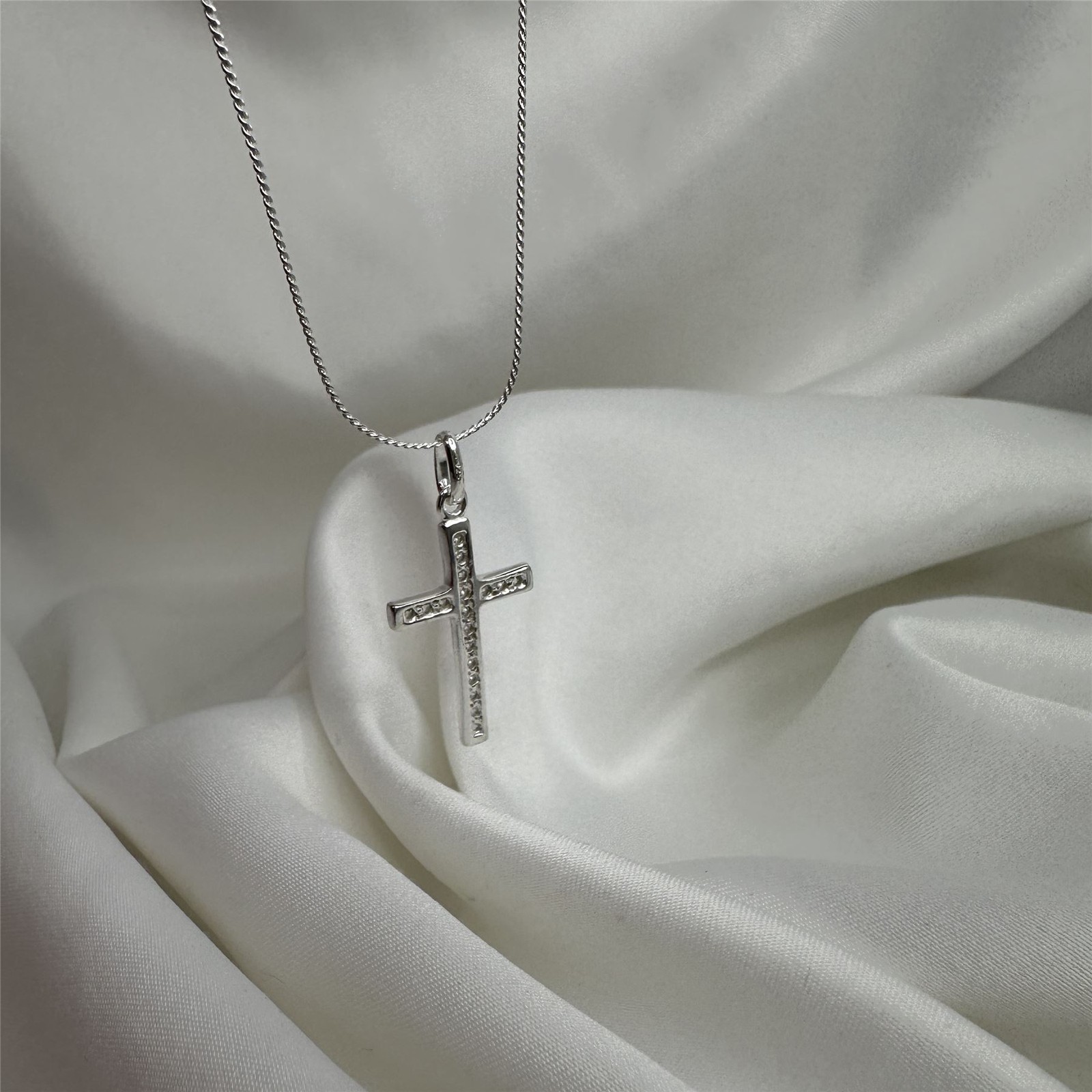 Sterling Silver & CZ Crystal Cross Necklace 16 18 20 22 Inches