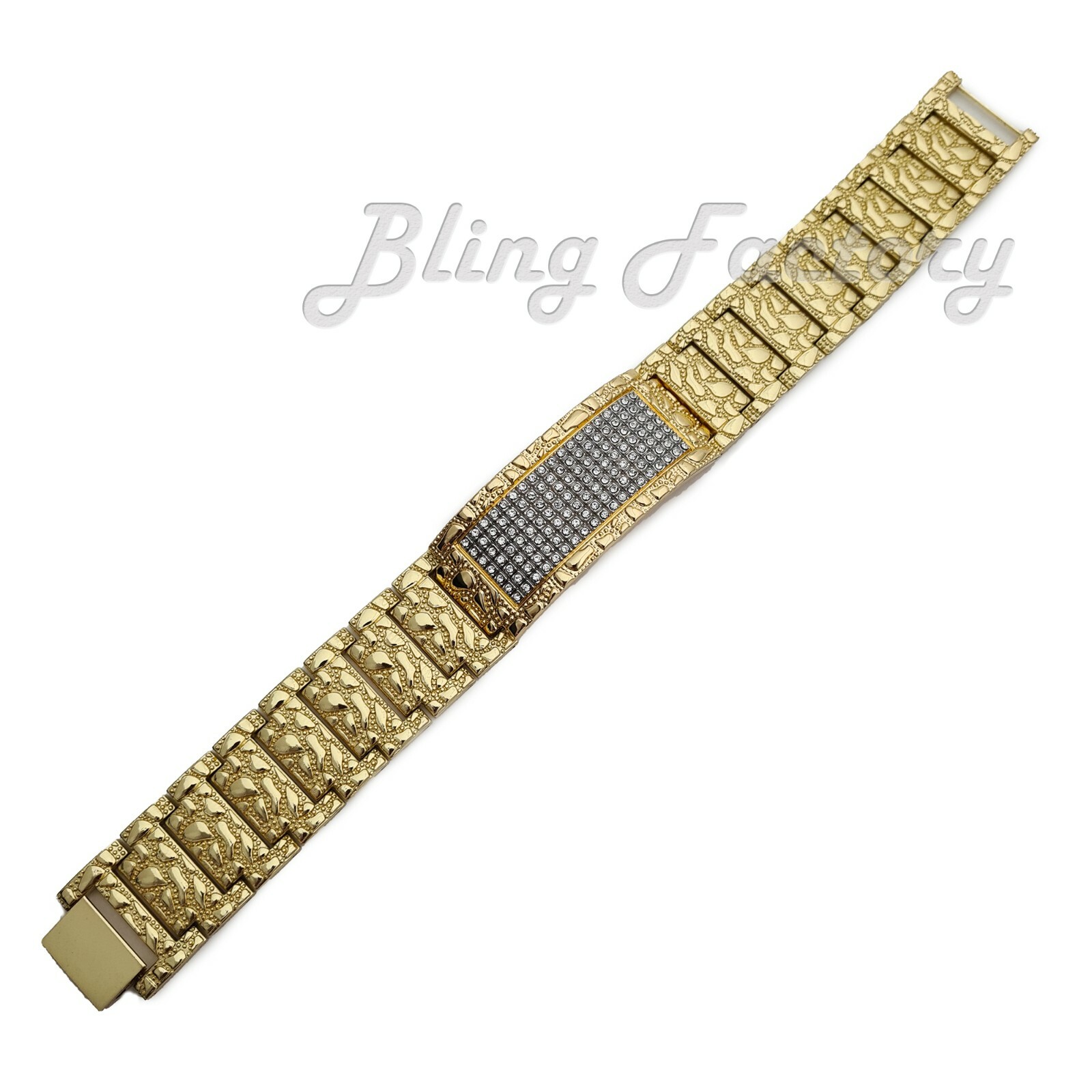 Hip Hop Simulated Diamond Gold Plated Bling Golden Nugget 8.5″ Fashion Bracelet