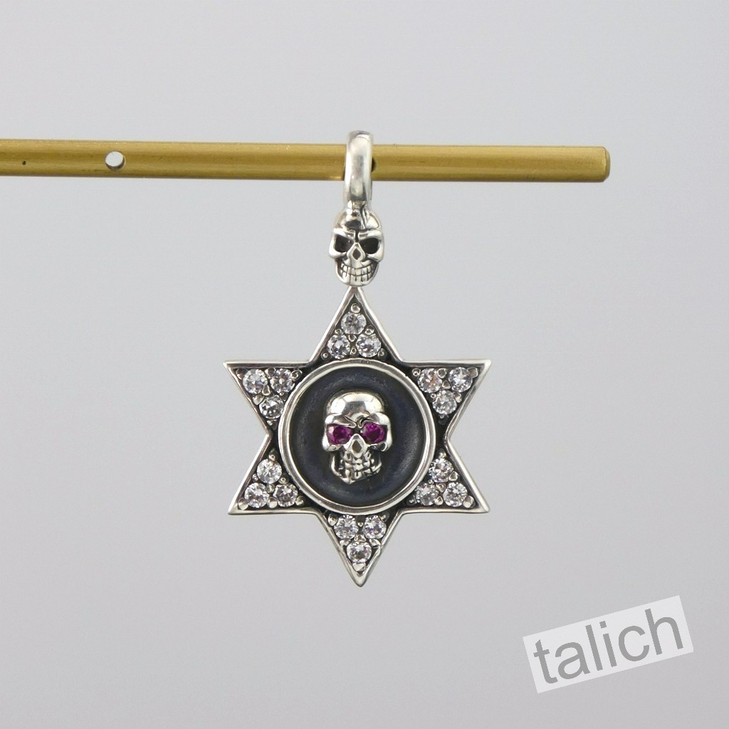 Shiny 925 Sterling Silver Six Pointed Star with Pink CZ Eye Skull Amulet Pendant