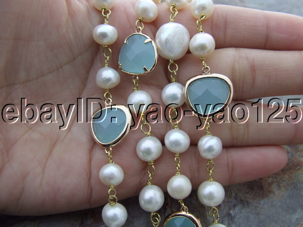 S122901 44″ 15mm White Baroque Keshi Pearl Blue Crystal Necklace