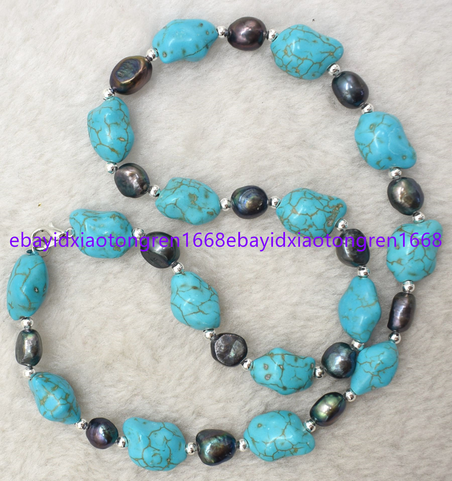 7-8mm Natural Black Pearl & 10x14mm Irregular Blue Turquoise Necklace 18 Inch