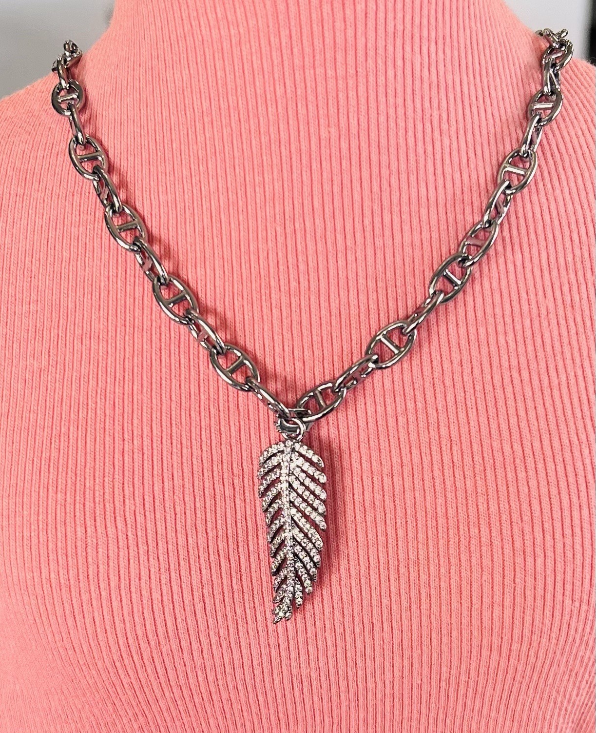 Bomb Party Hematite Plated Luxe Oval Link Chain with Leaf Charm Pendant