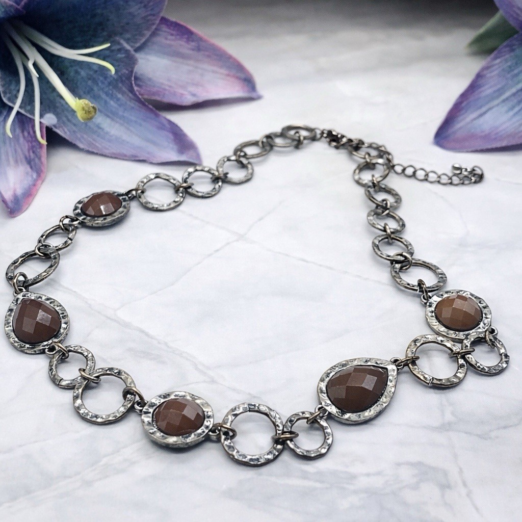 Round Hammered Link Silver Bronze Tone Necklace Brown Acrylic Cabochon Accents
