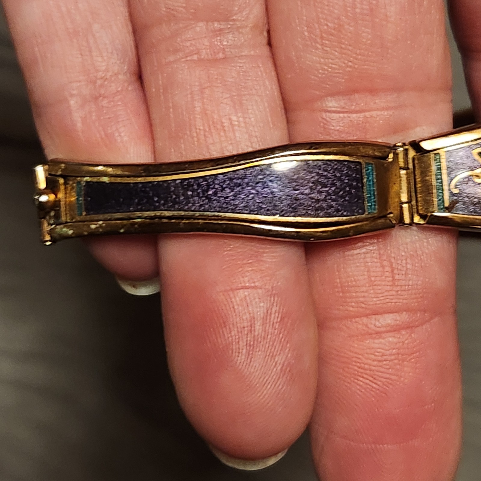 Vintage Chinese Cloisonne Enamel Panel Link Bracelet Butterfly Floral Purple