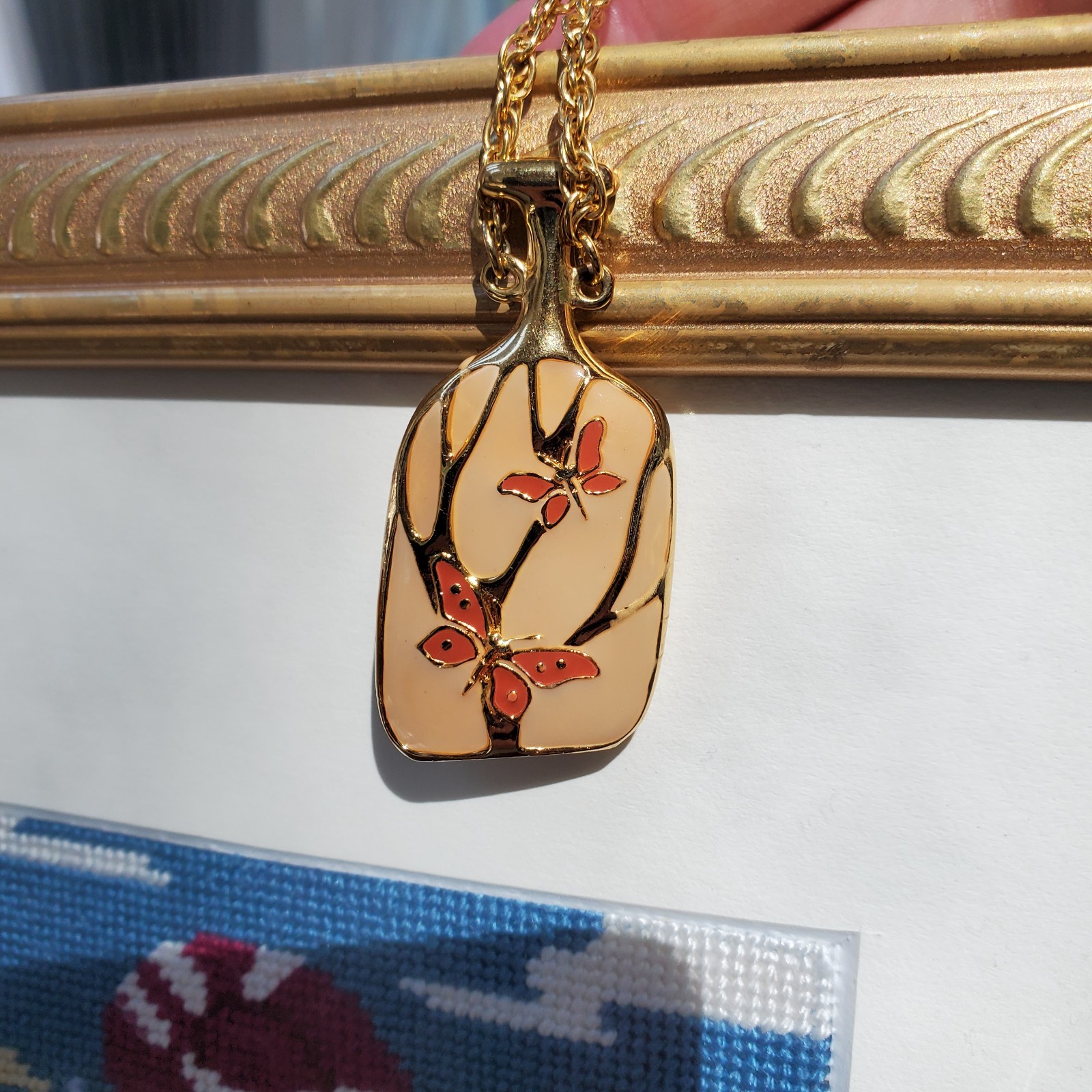 Butterfly Pendant Necklace Goldtone Peachy Orange Signed Thailand 24″