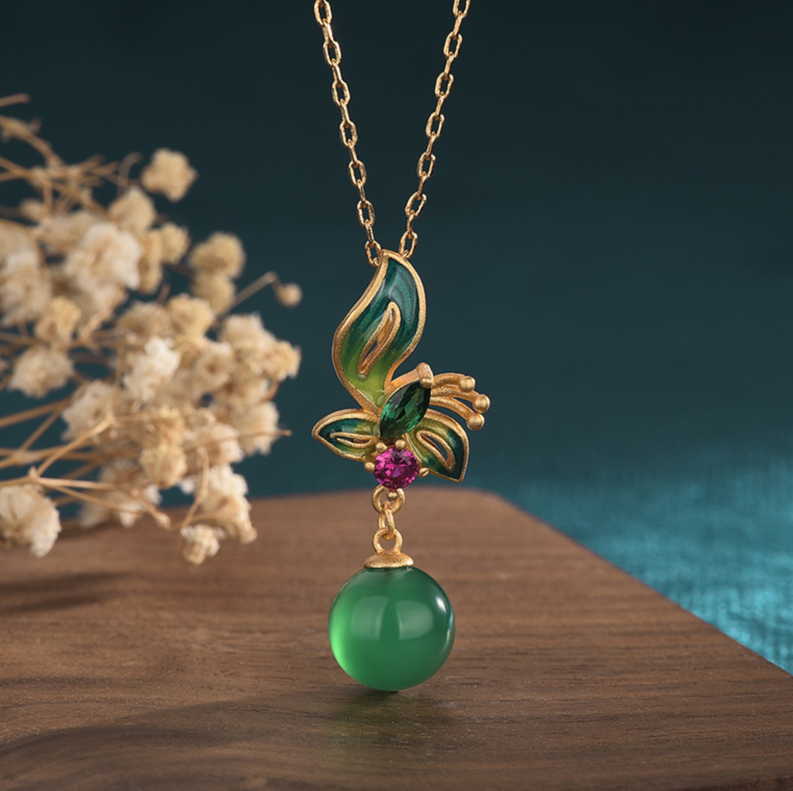 Jade Crystal Pendant Necklace Charm 18K Gold Plated Chain Flower Dainty Gemstone