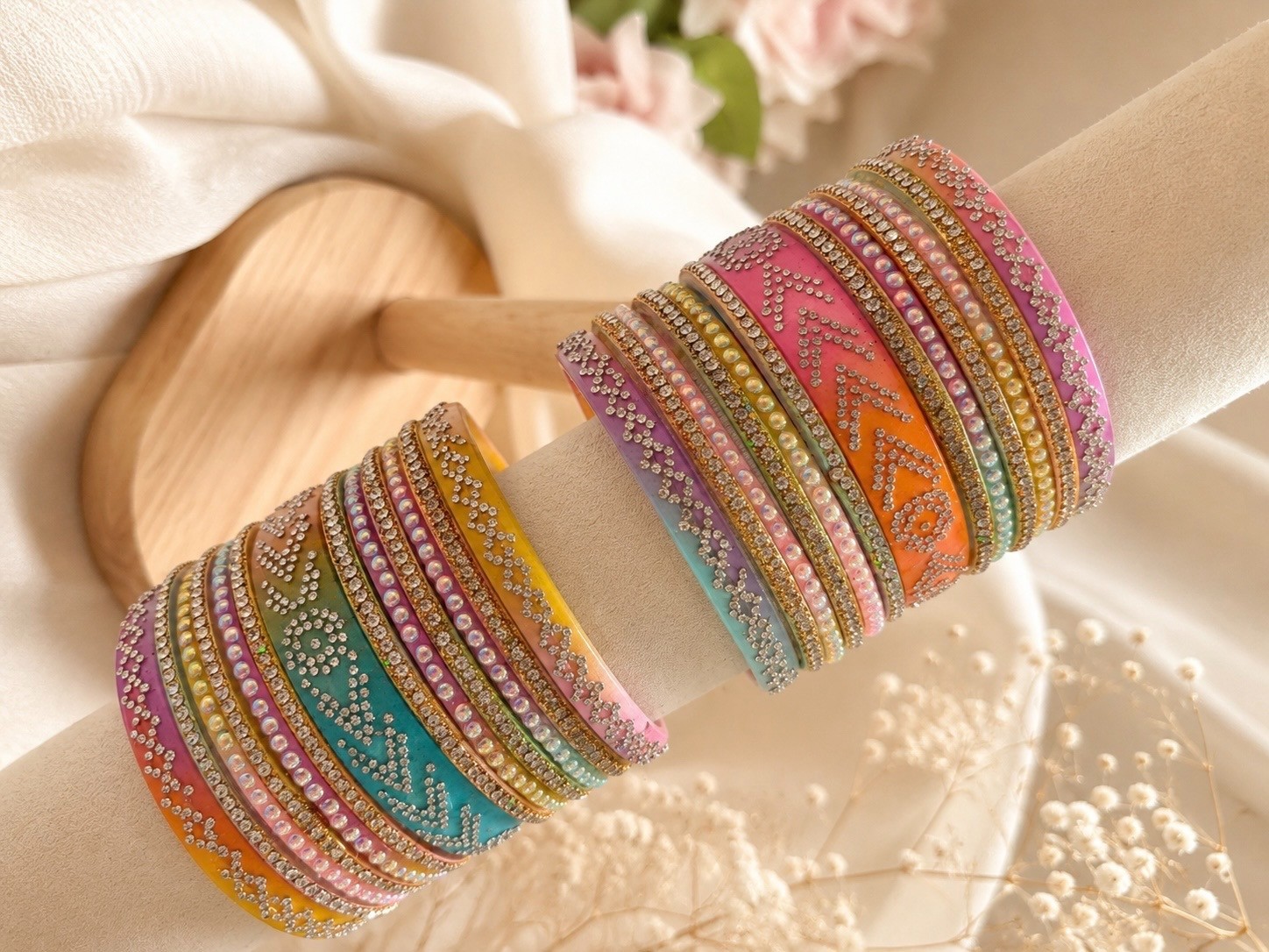 Pastel Multicolor Bridal Bangles Set Rhinestone Pearl Indian Punjabi Chooda