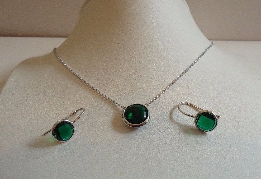 925 STERLING SILVER LADIES BEZEL SET NECKLACE & EARRING SET W/ 5 CT EMERALDS
