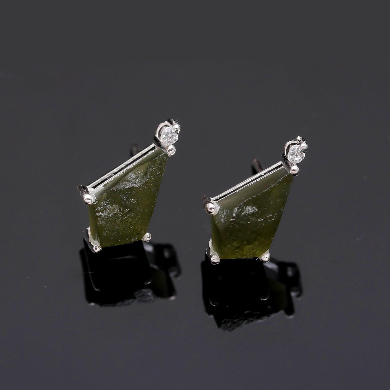 Czech Republic Moldavite Kite Stud Earrings 925 Sterling Silver Unique Jewelry