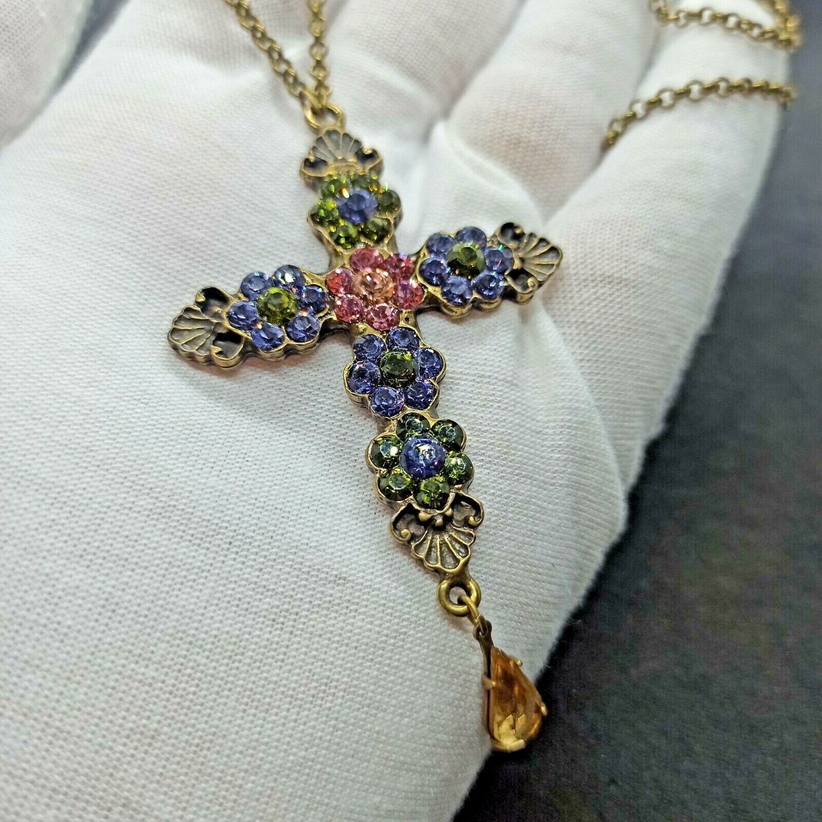 Michal Negrin Cross Necklace Purple Flower Pendant & Swarovski Crystals Gift New