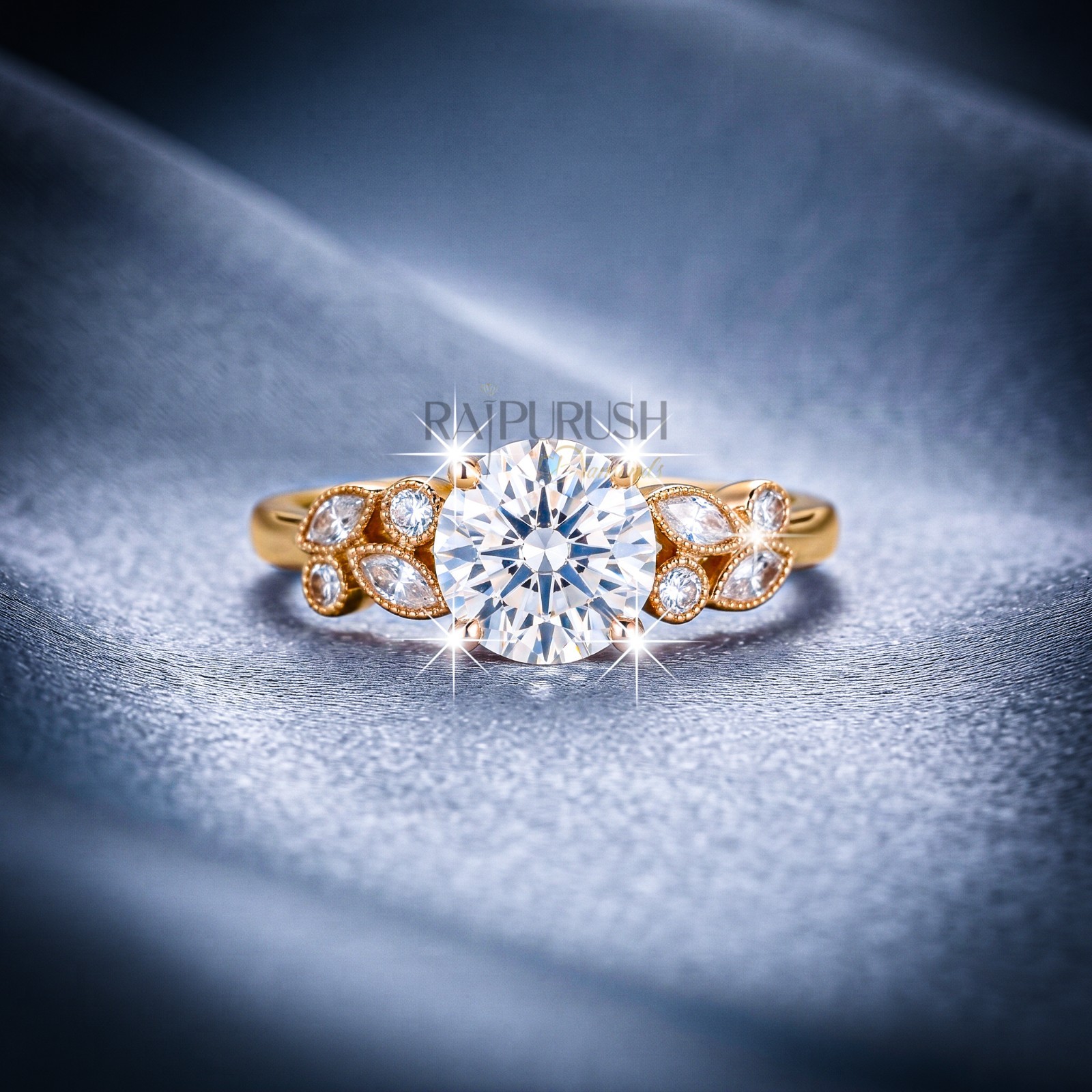 Floral Marquise Moissanite Engagement Ring Gold Plated 925 Silver Bridal Band