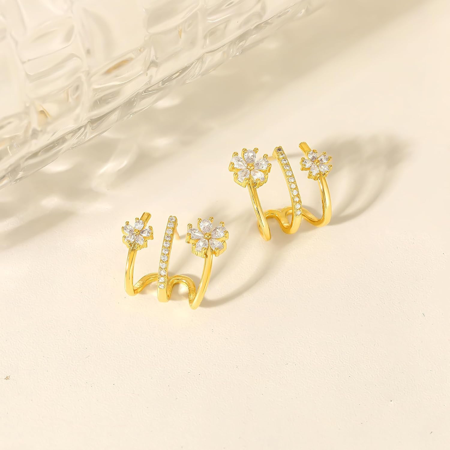 Triple Illusion Huggie Stud Earrings, 14K Gold Plated Trendy Flower Huggie Hoop