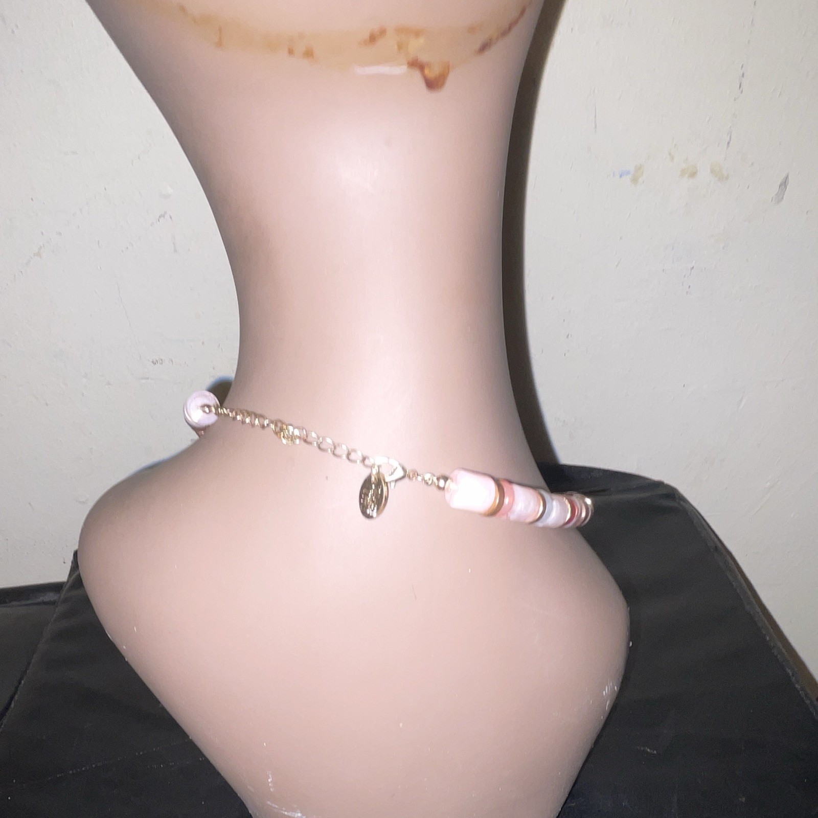 Pink White Red Beaded Necklace, Adjustable Gold Tone Cable Chain, Oval Charm