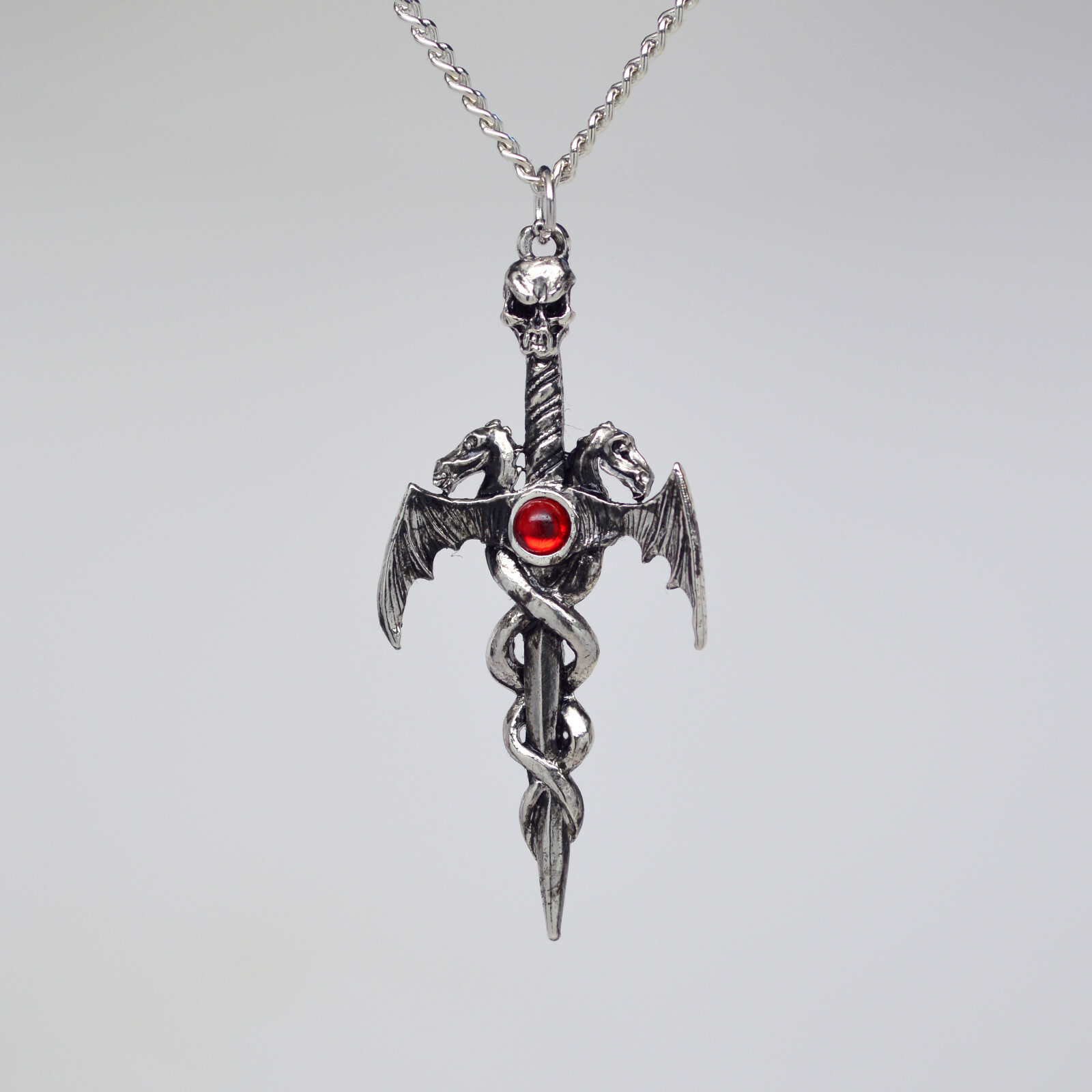 Gothic Skull On Sword with Dragons Silver Finish Pewter Pendant Necklace NK-681