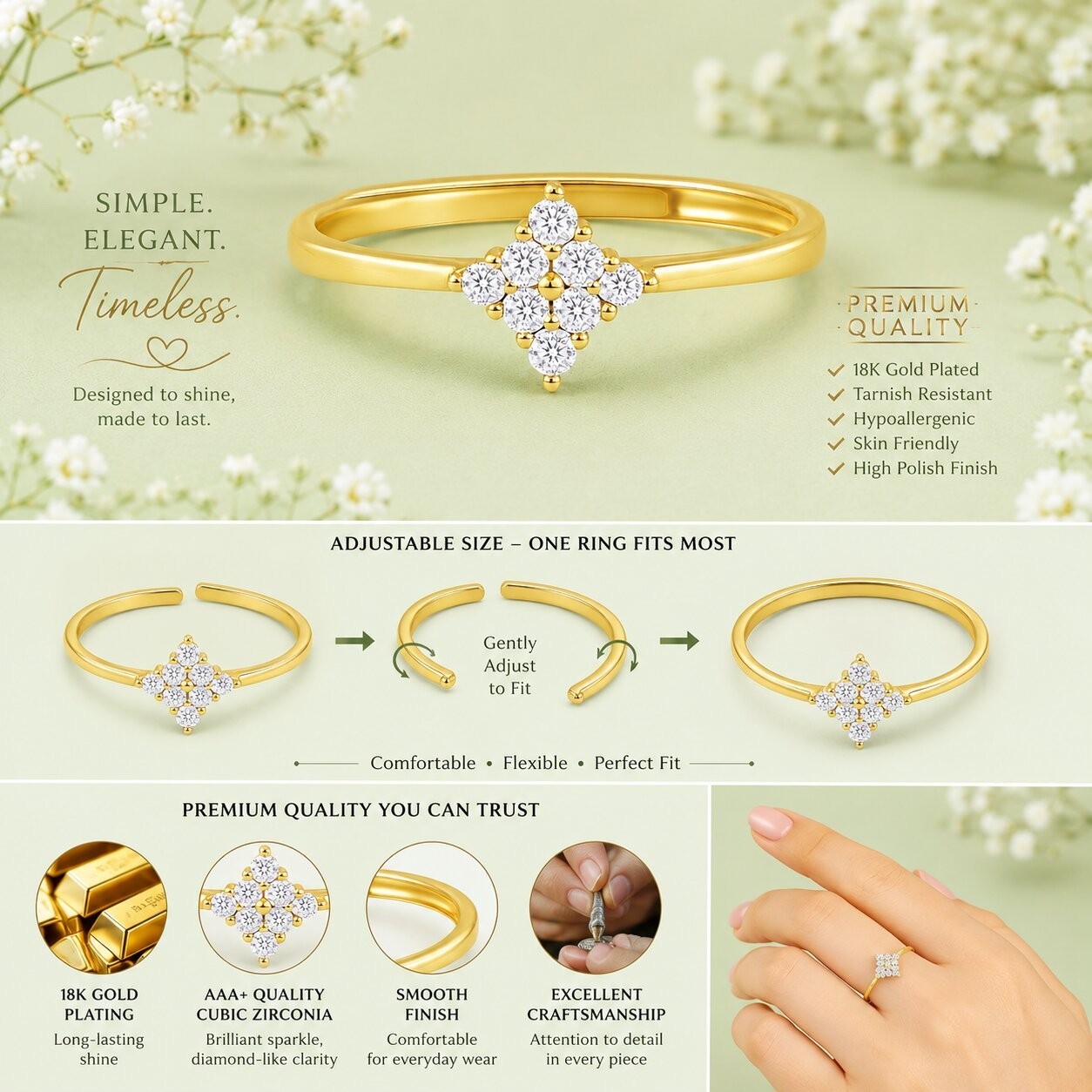 925 Sterling Silver Gold Plated Diamond Cluster CZ Ring Minimalist Women Ring