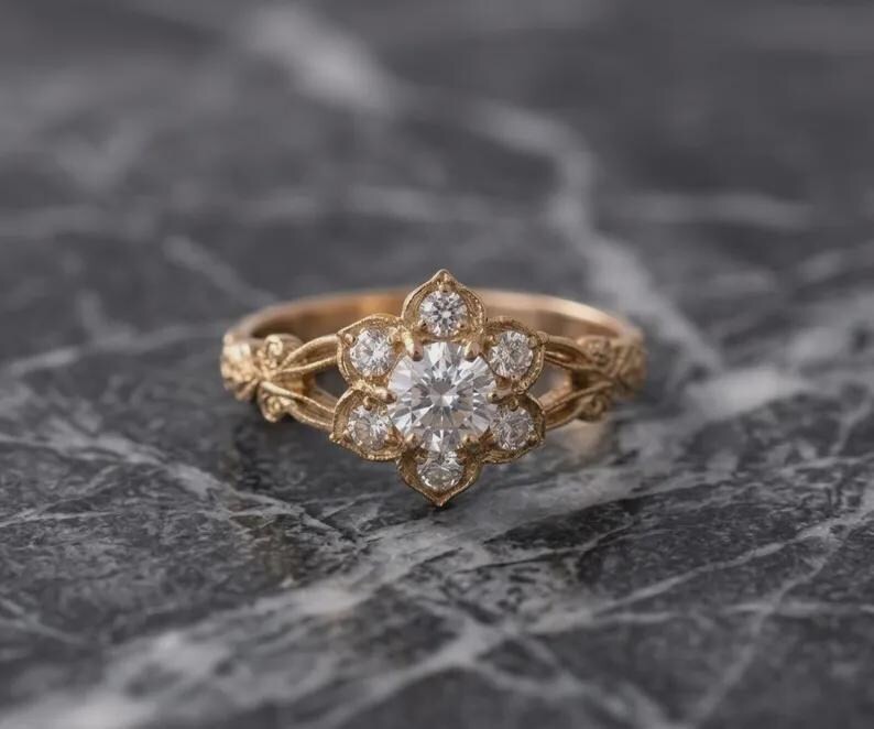 Vintage Floral Halo CZ Engagement Ring 925 Sterling Silver Promise Ring For Her.