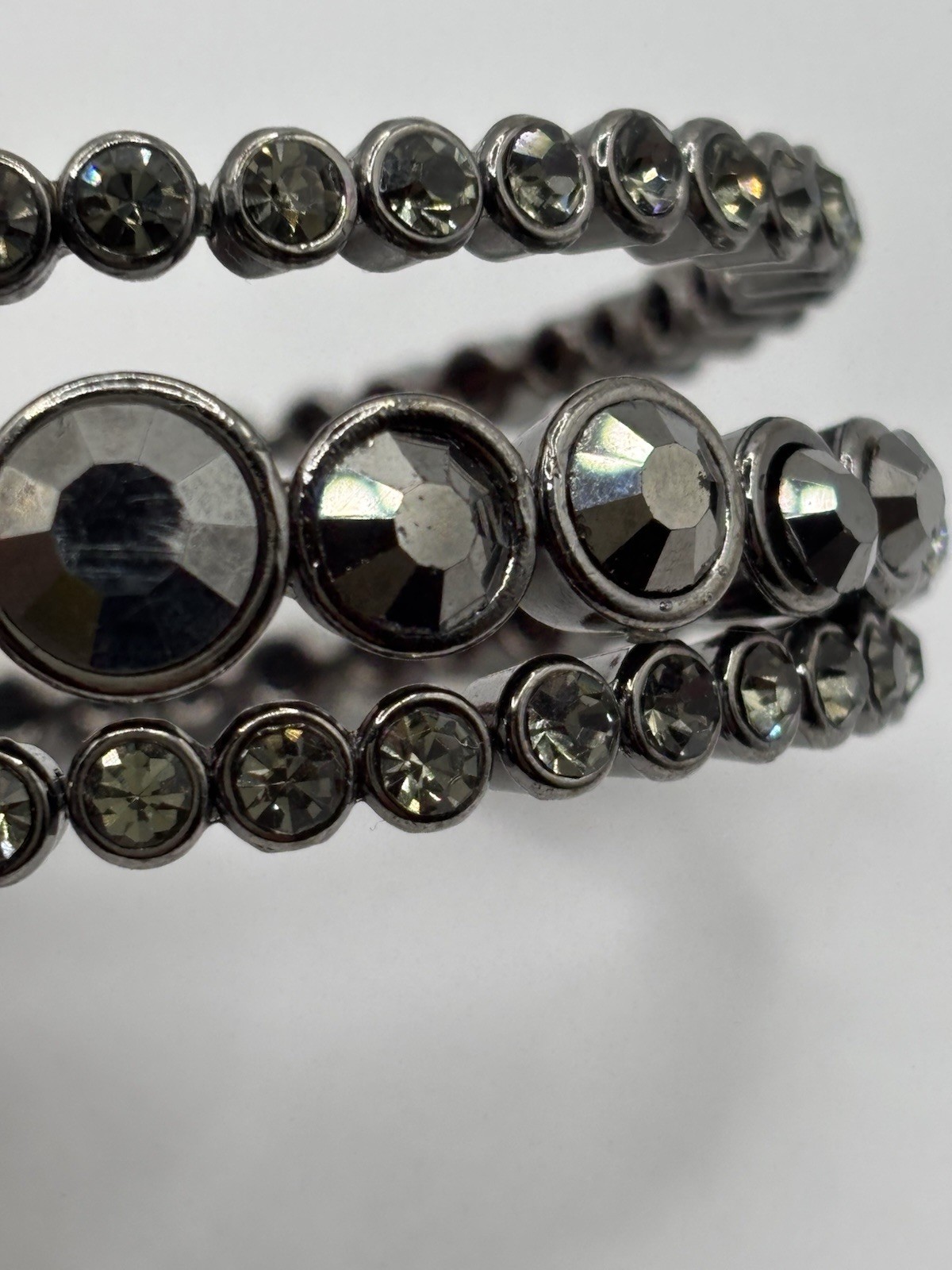 Silver Tone Wrap Coil Bangle Bracelet Gray Round Crystal Bezel Set 7.5in