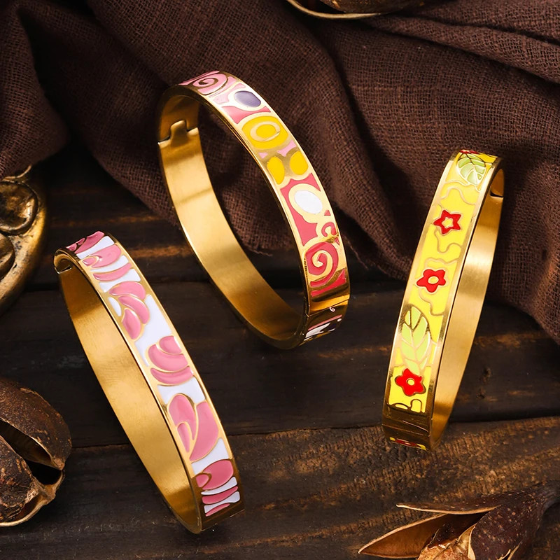 Stainless Steel Enamel Cuff Bangle Women Gold Tone Geometric Round Jewelry