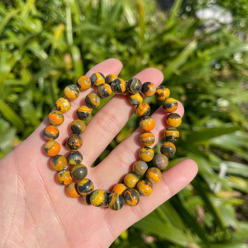 Natural Bumblebee Jasper Stone Bracelet Yellow Stone Stretch Bracelet Handmade