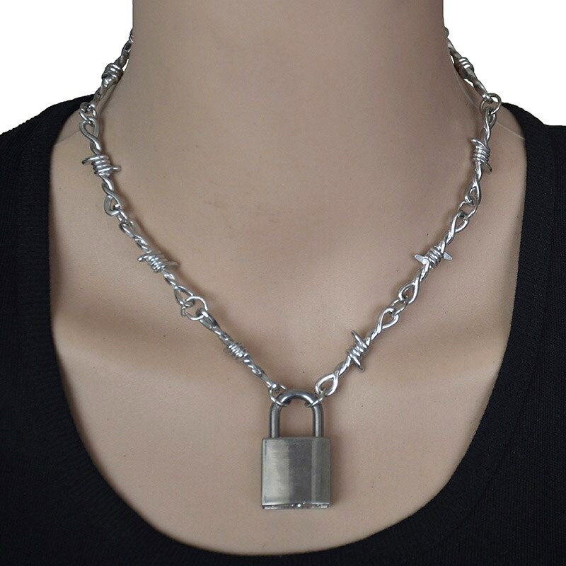 Punk Rock Emo Goth Silver Barbed Wire Chain Necklace & Padlock Pendant – 18 1/2″