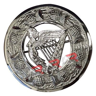Scottish Fly Plaid Kilt Brooch Harp Badge Chrome Finish 3″ (7cm) diameter