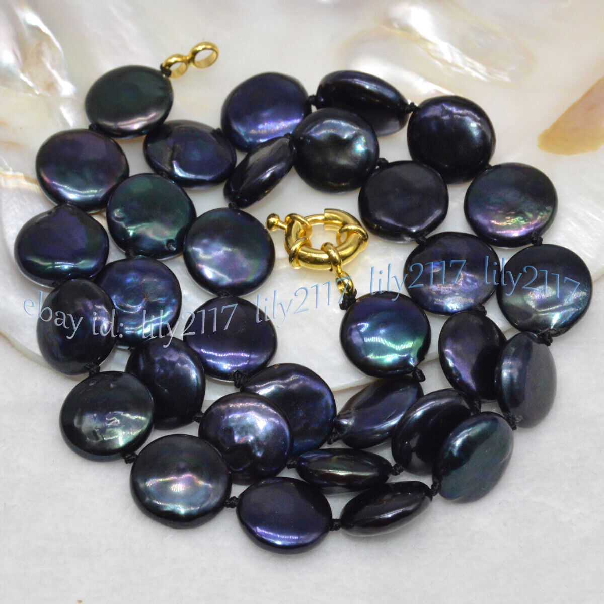 RARE LARGE 13-14MM NATURAL BLACK COIN SHAPE FRESHWATER PEARL NECKLACE 14-36inch
