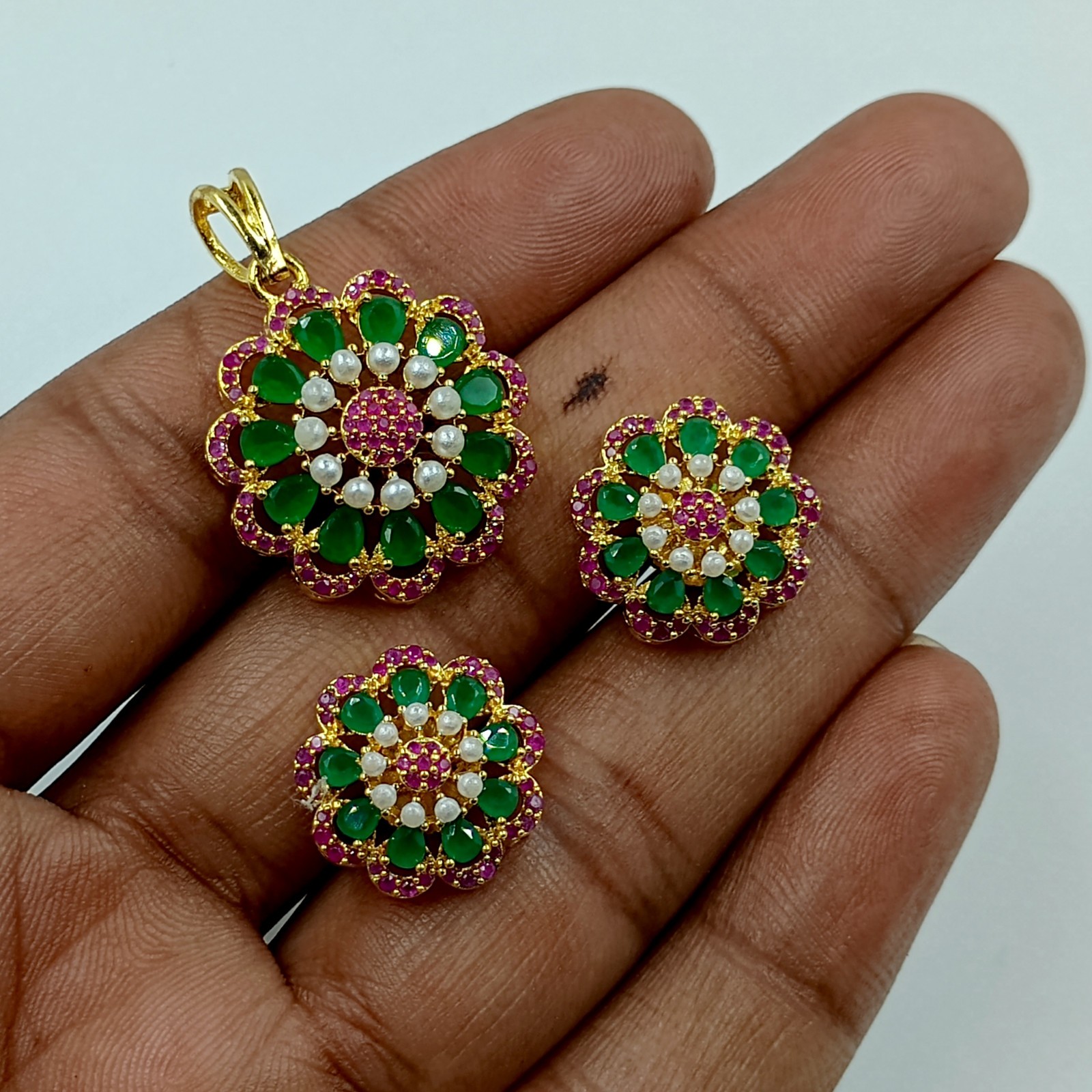 Ruby Emerald Pearl Pendant Set 22k Gold Plated Traditional South Indian