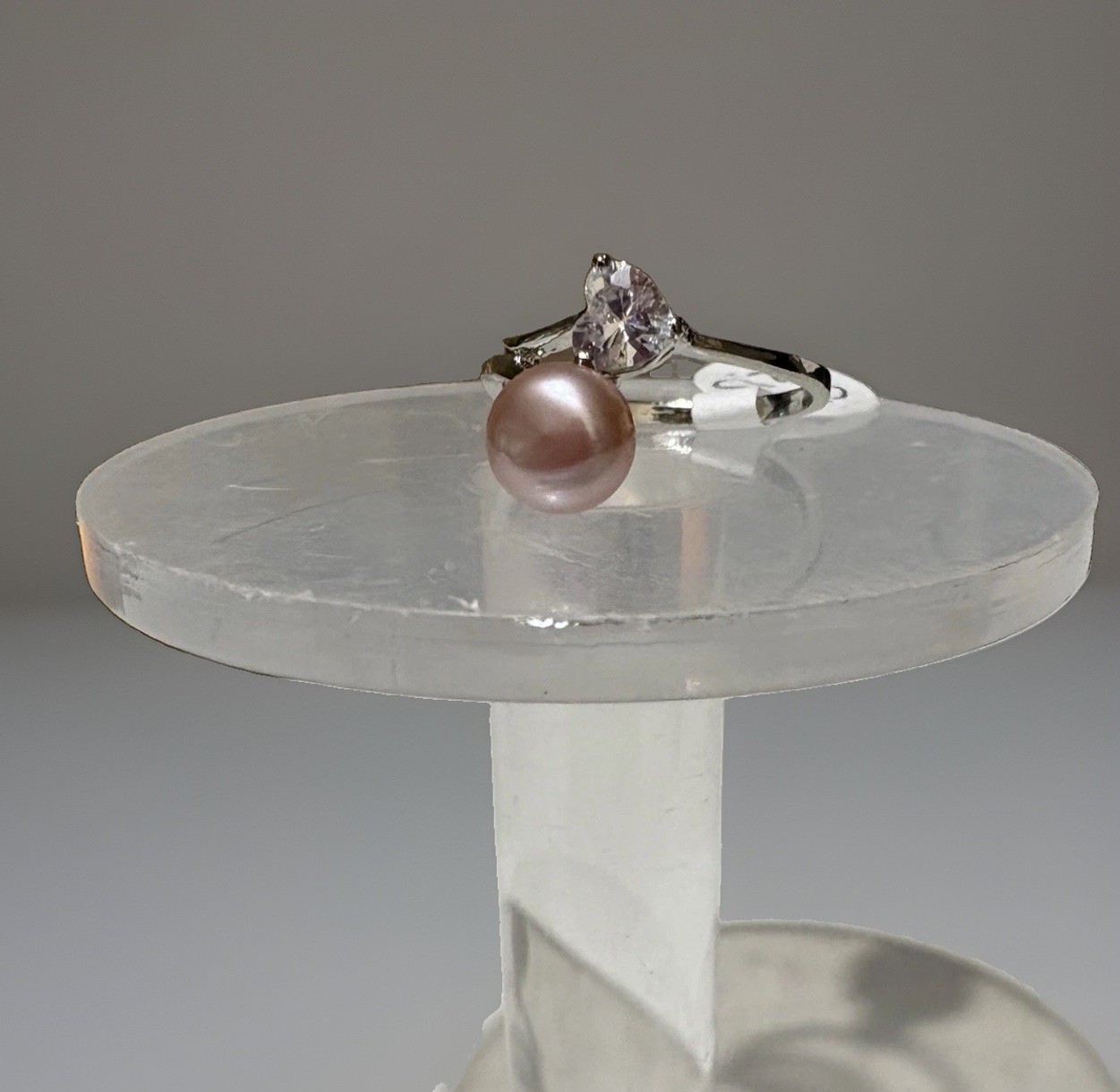 Romantic Size 6.5 Pearl Ring – Pink Mauve Button Pearl Heart Crystal Bypass