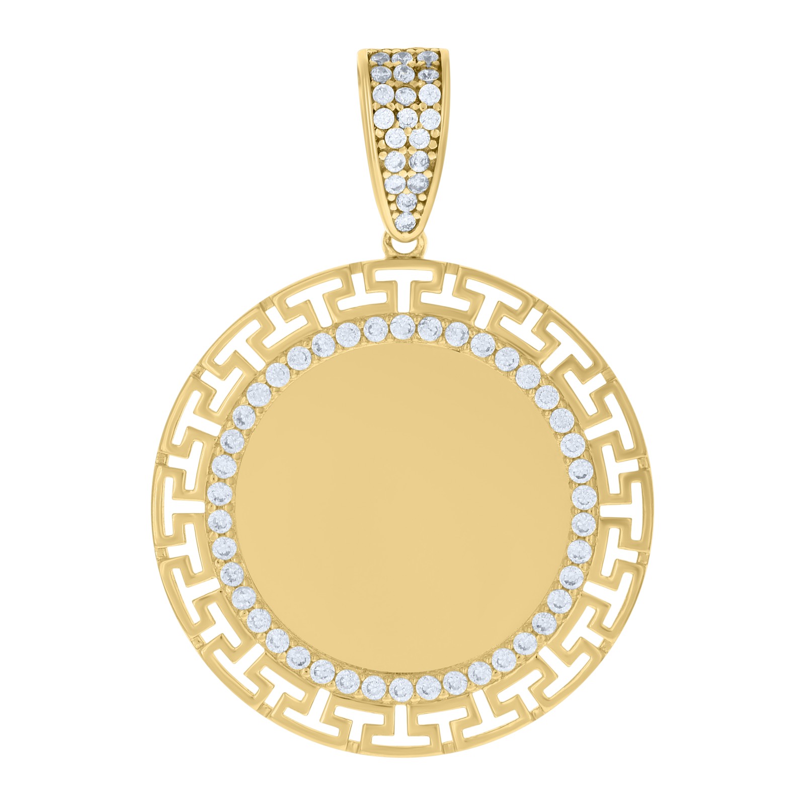 10K Yellow Gold CZ 1.45″ Greek Key Border on Circle Picure Memory Frame Pendant